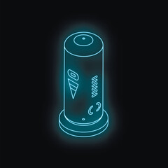 Poster - Futuristic neon smart speaker glowing blue in dark room, representing modern technology and voice assistance