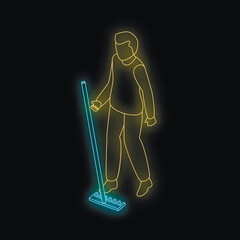 Poster - neon sign of gardener raking leaves in isometric view