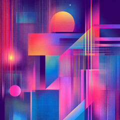 Poster - Synthwave Cityscape: Vibrant geometric shapes and neon gradients create a dynamic, futuristic cityscape at sunset, evoking a sense of energy and retrofuturism. 