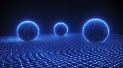 Poster - Three Wireframe Spheres Resting On A Gridded Plane