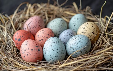 Wall Mural - Mockup background with space for text featuring softly speckled pastel Easter eggs arranged in a natural straw nest for a warm and rustic holiday theme for Easter