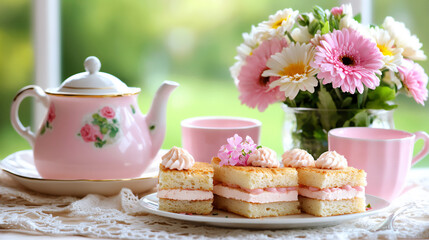 Canvas Print -  afternoon tea with finger sandwiches and china cups