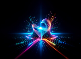 Canvas Print - A vibrant heart shape glows with neon light rays in a double exposure effect, radiating energy against a dark backdrop. Colorful lines extend outward, creating a dynamic abstract design.