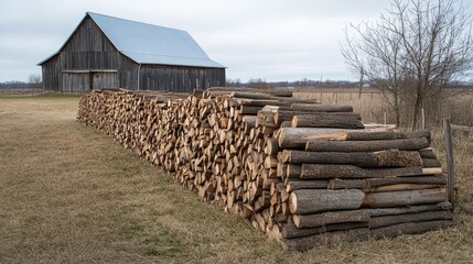 Poster - Rustic Barn and Stacked Cordwood in Rural Setting