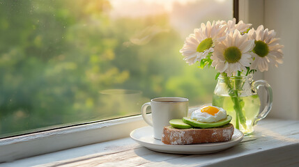 Canvas Print -  breakfast nook with avocado toast and poached eggs