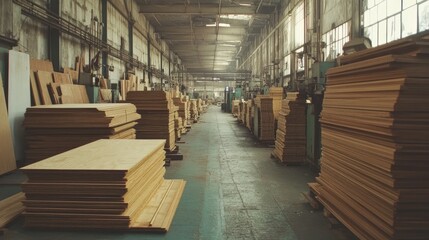 Aufkleber - Stacks of plywood sheets inside a large factory building