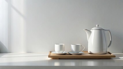 Wall Mural - Serene Morning Tea Ritual Elegant White Teapot and Cups on a Light Wooden Tray, Basking in Soft Sunlight