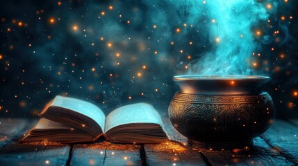 Poster - Mystical Cauldron and Open Book with Glowing Embers