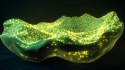 Poster - Data technology abstract futuristic green and yellow low poly shape glowing wire mesh surface on dark background. 3D rendering 3d illustration render