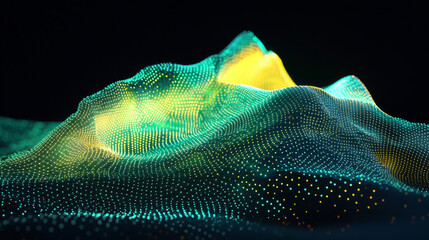 Poster - Data technology abstract futuristic green and yellow low poly shape glowing wire mesh surface on dark background. 3D rendering 3d illustration render