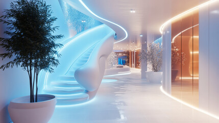 Poster - bright white and blue futuristic hall with metal elements 3d render illustration. 3D Illustration