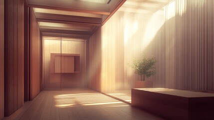 Poster - Sunlit Wooden Hallway Interior Design Minimalist Space