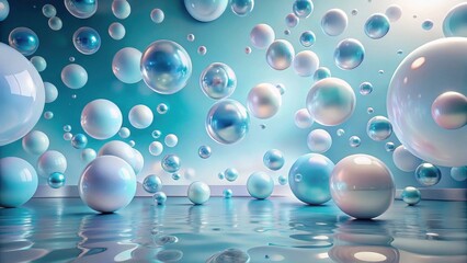 Wall Mural - Enchanted Aquatic Sphere Dreamscape Iridescent orbs float serenely in a tranquil, reflective water setting, creating a captivating and ethereal visual experience.