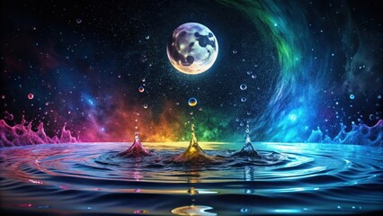 Wall Mural - Cosmic Water Droplets A Serene Reflection of Celestial Bodies in Vibrant Hues