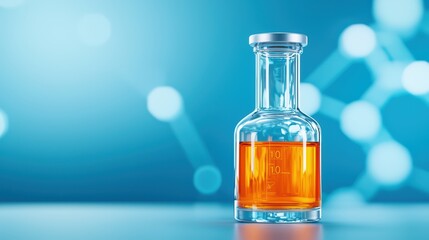 Poster - glass laboratory flask with orange liquid on blue background