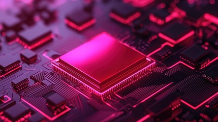 Poster - Futuristic Microchip on Abstract Circuit Board in Pink Light