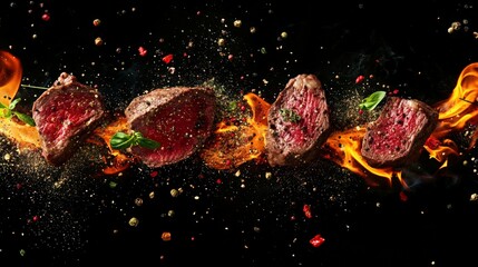 Wall Mural - Grilled beef steaks with spices and flames on black background