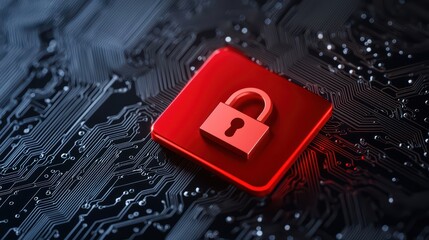 Poster - Red Padlock Icon on Circuit Board Background for Security Concept
