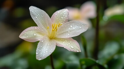 Poster - A beautiful flower with transparent water droplets on its delicate petals, set against a blurred nature background.
