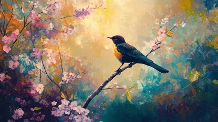 Poster - A bird perched on the branch of a young tree, surrounded by colorful spring blossoms.