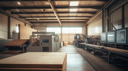 Poster - Modern Wood Processing Factory Interior With Machinery