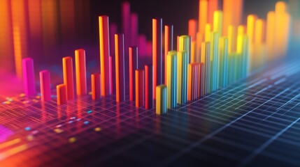 Wall Mural - A close-up of a D bar graph displaying financial data with vibrant, colorful bars rising above a grid, showcasing the dynamic nature of investment trends.