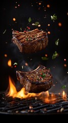 Wall Mural - Grilled beef steaks with herbs and spices above flaming barbecue grill