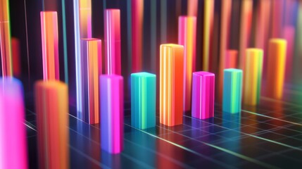 Wall Mural - A close-up of a D bar graph displaying financial data with vibrant, colorful bars rising above a grid, showcasing the dynamic nature of investment trends.