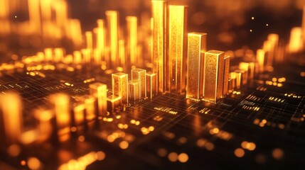 Fototapete - A close-up of a D gold bar chart on a digital screen, with gleaming gold bars rising from a grid, representing financial or investment data with a luxurious touch.