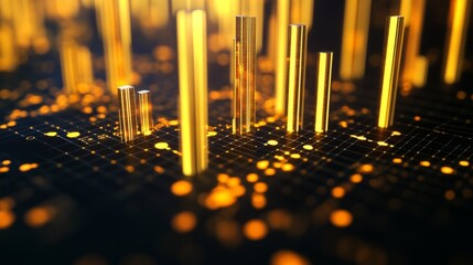 Poster - A close-up of a D gold scatter plot with golden data points floating above a grid, showcasing the distribution of investment values in a high-end, dynamic presentation.