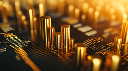 Fototapete - A close-up of a D gold stacked column graph with golden layers and segments, illustrating a breakdown of financial data with a luxurious and detailed presentation.
