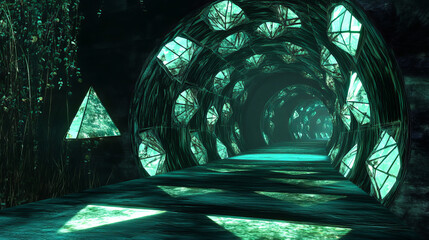 Poster - dark futuristic tunnel with abstract cubic geometric shape design 3d render illustration