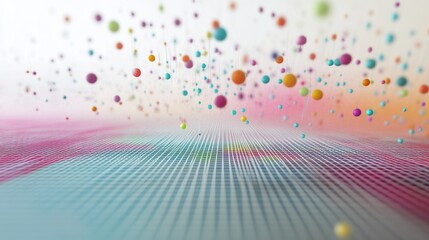 Fototapete - A close-up of a D scatter plot with data points floating above a grid, using different colors and sizes to represent various data metrics.
