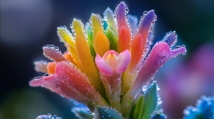 Aufkleber - A close-up of a colorful flower with dew-covered petals, captured with soft focus and a light mist in the background.