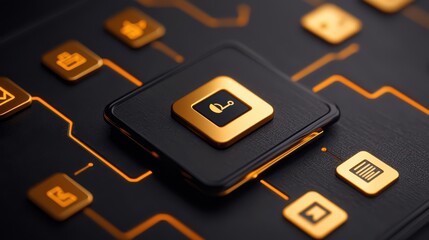 Poster - Golden Button with Icon on Dark Background in Futuristic Design