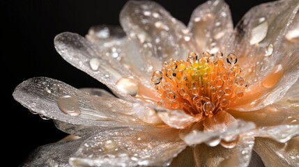 Aufkleber - A close-up of a flower with clear water droplets gently resting on its petals, creating a serene, tranquil mood in nature.