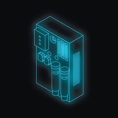 Poster - Futuristic neon icon of a water purification system with filters, glowing blue on a black background, isometric view