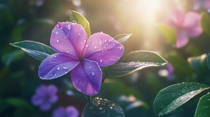 Aufkleber - A close-up of a purple flower with water droplets on its petals, illuminated by soft sunlight breaking through the leaves.
