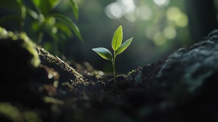 Aufkleber - A close-up of a tiny green seedling sprouting from rich, dark soil, illuminated by soft sunlight in a garden.
