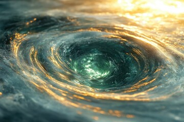 A mesmerizing whirlpool of teal water, illuminated by golden sunlight, creates a captivating visual spectacle.