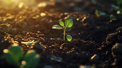 Aufkleber - A close-up of a tiny green seedling sprouting from rich, dark soil, illuminated by soft sunlight in a garden.