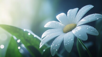 Poster - A close-up of a white daisy with dew drops resting on its petals, with soft light filtering through the background leaves.
