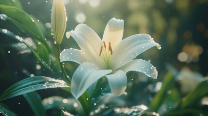 Poster - A close-up of a white lily with water droplets glistening on its soft petals, surrounded by greenery and soft, blurred light.