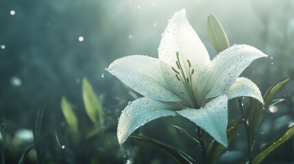Poster - A close-up of a white lily with water droplets glistening on its soft petals, surrounded by greenery and soft, blurred light.
