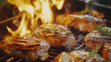 Wall Mural - Juicy grilled chicken breasts sizzling on barbecue with flames