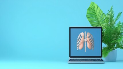 Poster - Computer Displaying 3D Lung Anatomy with Plant and Blue Background