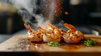 Wall Mural - A close-up of grilled shrimp being served on a wooden board, with steam rising and a sprinkle of seasoning, highlighting the appetizing presentation.