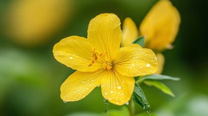 Aufkleber - A close-up shot of a bright yellow flower with water droplets scattered across its petals, set against a soft, blurred background.