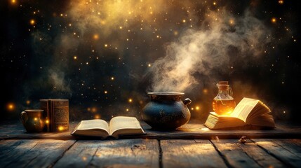 Aufkleber - Mystical Potion Brewing Scene With Books And Cauldron