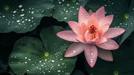 Aufkleber - A delicate pink flower with water droplets on its petals, resting gently on green leaves, captured in early morning light.